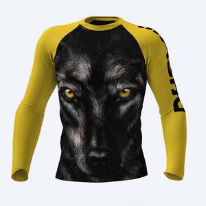 Maillot de compression à manches longues pour homme, motif tête de loup jaune et noir, respirant et anti-transpiration, idéal pour le MMA, le BJJ et le Jiu Jitsu - Product Image 1