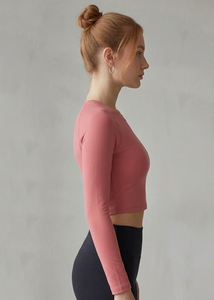 Haut court de yoga et fitness pour femme, col rond, manches longues, débardeur court, vêtement de sport pour femme, tee-shirt court, haut d'entraînement pour femme - Product Image 5