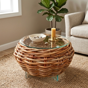 New Modern Minimalist Downes Round Coffee <b>Table</b> Natural Woven Rattan <b>Glass</b> Top Center Tea Accent <b>Table</b> Living Room Patio - Product Image 5