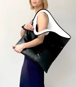 Black and <b>white</b> Soft genuine leather shoulder <b>bag</b> Oversized handbag Shopper for women Genuine Leather <b>Tote</b> <b>Bag</b> for Women Ladies - Product Image 2