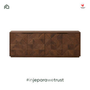 Buffet moderne en bois de noyer brun avec portes à marqueterie géométrique, meuble de rangement de luxe pour salle à manger, credenza - Product Image 5