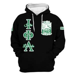 Sweat à capuche personnalisé de la sororité Iota Phi Lambda, noir, avec lettres grecques sur le devant, emblème et numéro d'année au dos, style pull-over - Product Image 5