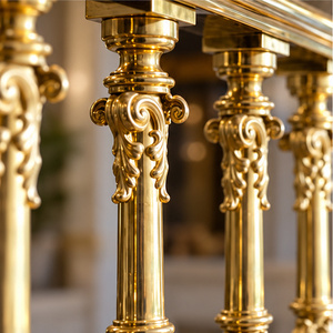 Rampe en bronze doré avec piliers moulés ornés, colliers sculptés et balustrade d'escalier classique - Product Image 3