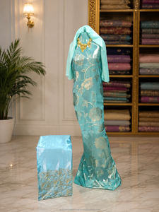 ชุดผ้าคลุมไหล่แบบดิรักสีฟ้าอ่อนรักษ์โลกสำหรับงานแต่งงาน พร้อมลายดอกไม้สีเงินแบบแจ็คการ์ด และผ้าคลุมไหล่ปักลายเข้าชุด - Product Image 2