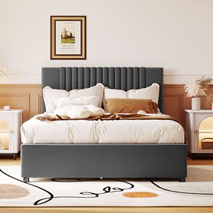 Letto matrimoniale imbottito classico grigio con 2 cassetti e 1 letto estraibile singolo, dotato di un elegante design della testiera - Product Image 2