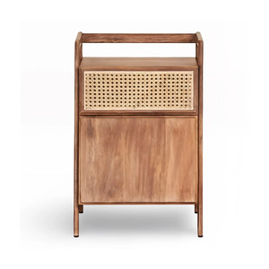 Table de chevet moderne en bois avec tiroir en rotin tressé, design mid-century, meuble de chambre à coucher, table de chevet à un seul tiroir - Product Image 2