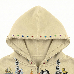Sweat à capuche zippé vintage personnalisé avec motif en strass, coupe ample, vente en gros, streetwear oversize pour hommes, sweats à capuche et sweat-shirts cousus - Product Image 4
