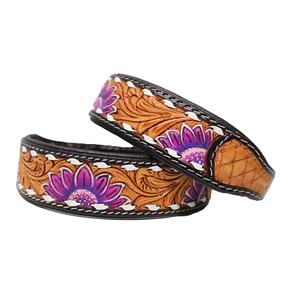 Handmade Purple Floral Tooled Cow Leather Pet Collar Soft Padded Dog Leash in Western Style All Sizes Available for Training - Product Image 5