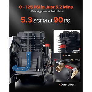 Compressore d'Aria Portatile da 30 Galloni con Motore da 2HP, 5.3SCFM, Serbatoio Lubrificato a Olio, Pressione Massima 125PSI per Gonfiaggio Pneumatici - Product Image 2