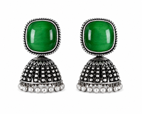 Boucles d'oreilles pendantes Jhumka vintage en laiton et alliage de zinc, finition argent oxydé, serties de pierres Monalisa œil de chat carrées et coussinées, vertes et bleues, pour soirée