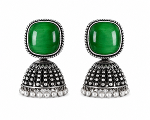 Vintage <b>Oxidized</b> Silver Jhumka Earrings Cat Eye Stone Statement Earrings Green Blue Ethnic Jewelry - Product Image 1