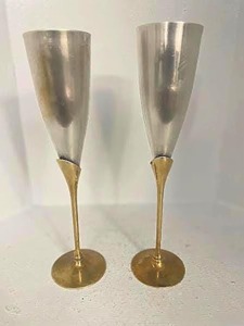 Super Selling Flutes Set Of 2 Long Stem Metal <b>Goblets</b> Wedding Occasion Modern Brass Champagne <b>Glasses</b> - Product Image 1