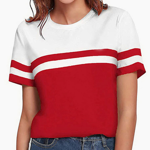 Women's Color Block Stripe Woven Cotton Blend Short Sleeve O Neck Casual Summer T-Shirt - Product Image 1