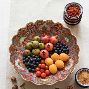 Modern Eco-Friendly Brass Round Handmade Decorative Dish <b>Blue</b> Gold Pattern Kitchen Tabletop Fruit Bowl Diwali - Product Image 2