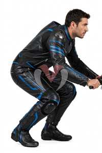 Ensemble veste et pantalon de moto en cuir noir et bleu pour homme, combinaison de moto coupe-vent - Product Image 4