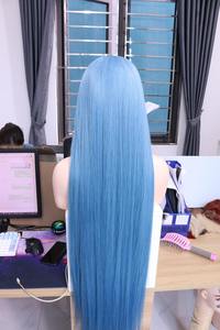 Peluca de Cabello Humano Vietnamita Liso y Sedoso, Color Azul Océano, con Frente de Encaje Recto, Sin Pegamento, Pre-Desplumada - Product Image 5