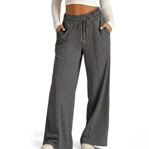 Pantalon de détente pour femme gris anthracite à jambe large, taille haute, avec cordon de serrage, coupe décontractée, en maille, avec poches latérales - Product Image 4