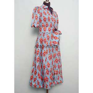 Robe décontractée en coton pour femme, col en V, manches courtes, silhouette trapèze, imprimé floral, longueur midi, avec poches, toucher doux, idéale pour l'été - Product Image 5