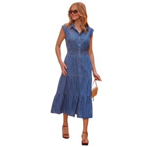 Vestido Largo Informal de Mezclilla para Mujer, con Botones al Frente, de Algodón, Proveedor de Ropa de Moda al por Mayor - Product Image 1