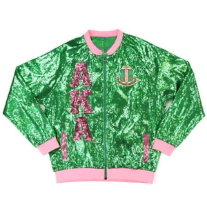 Custom Green Pink Sequin Bomber <b>Jacket</b> Long Sleeve <b>Zip</b> <b>Up</b> Collar Varsity Teamwear Fashion Sportswear Lightweight Outerwear - Product Image 1