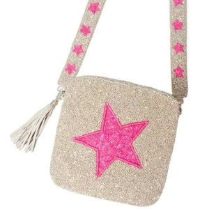 Bolso Bandolera Cuadrado de Lona con Cuentas de Semillas Arcoíris y Estrella, con Correa de Cuentas Desmontable, para Mujer, con Cremallera, para Noche, a Bajo Precio - Product Image 1