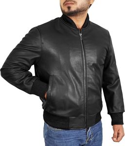 Chaqueta de Cuero Vacuno Negra para Hombre, Estilo Bomber, Cuello Alto, Cierre de Cremallera, Estilo Motero, Corte Regular, para Otoño, Tallas Grandes - Product Image 1