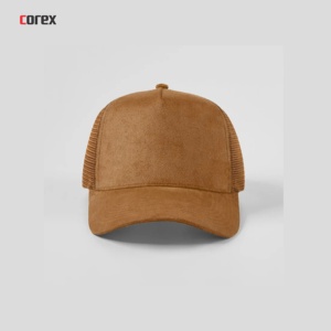 Casquette 5 panneaux ajustable en daim marron personnalisé avec dos en maille, logo brodé 3D, style streetwear unisexe, pour plage et soirées, fermeture snapback - Product Image 1