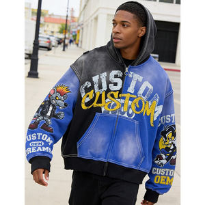 Sweat à capuche pour homme de qualité supérieure, personnalisé avec logo OEM, imprimé numérique bleu délavé à l'acide, fermeture éclair, style streetwear, 400 GSM, effet usé - Product Image 2