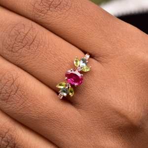 Hermoso Anillo de Compromiso Religioso con Rubí y Peridoto, Plata de Ley 925, Chapado en Oro de 14K, Chapado en Rodio, Anillo con Racimo de Piedras Preciosas - Product Image 6