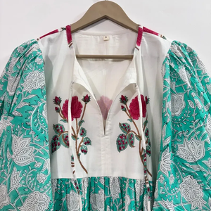 Mini-tunique formelle en coton 100% naturel, imprimée à la main, faite à la main, écologique, col en V, manches 3/4, ourlet à volants en dentelle, lavable - Product Image 2