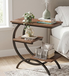 Curved Metal Frame Modern C Shaped Side <b>Table</b> <b>Rustic</b> <b>Wood</b> 3 Tier End <b>Table</b> Creative Living Room Sofa Bedside Shelf Decor - Product Image 3