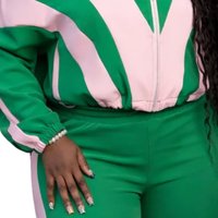 Conjunto Deportivo Casual de Invierno para Mujer, Estampado Retro, Dos Piezas, Chaqueta con Cierre Rosa y Verde, Pantalones Anchos, Ropa Deportiva Premium