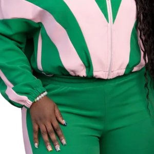 <span class=keywords><strong>Tuta</strong></span> Sportiva Invernale Casual da Donna con Stampa Retrò, Set Due Pezzi Rosa Verde, Giacca con Zip e <span class=keywords><strong>Pantaloni</strong></span> a Gamba Larga, Abbigliamento Sportivo Premium - Product Image 4