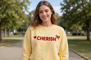 Sweat-shirt en molleton épais à col rond jaune en coton, à épaules tombantes, manches longues, brodé, pull Cherish, haut d'automne - Product Image 4