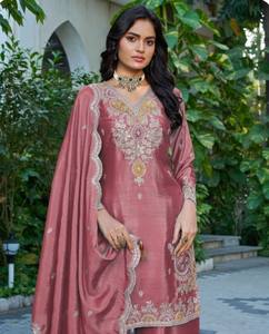 Traje Chinon de talla única con pantalón palazzo cosido, con trabajo de Dhaga y lentejuelas, para uso indio y pakistaní. - Product Image 4