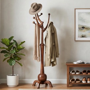 Perchero minimalista de madera con estantes de tres niveles y ganchos para almacenamiento en la entrada - Product Image 4