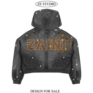 Sudadera con capucha para hombre de 350 GSM de algodón y poliéster premium con cremallera, gris carbón, estampado de diamantes de imitación, bordado, logotipo personalizado, corte cropped - Product Image 2