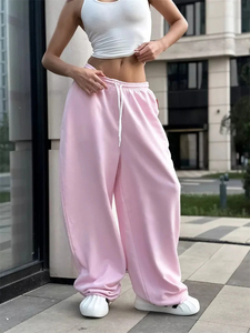 Pantalon Harem Jaune Femme Taille Haute Élastique Coupe Ample Longueur Intégrale Décontracté Automne 100% Coton Tricoté Respirant Uni Large - Product Image 4