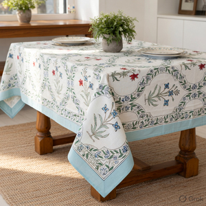 Hand Block Printed Cotton Canvas <b>Tablecloth</b>, Floral Dining Table Cloth - Product Image 3