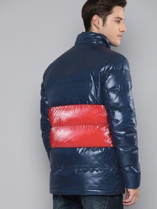Men's Hooded Puffer Jacket Color Blocking PU Windproof Zipper Front Slim Fit Streetwear Winter Coat Red Blue Black - Product Image 2