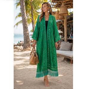 Kimono de seda moderno para mujer, cómodo, estilo bohemio, con bordado y flecos, ropa de playa, cubre bikini, ropa de estar por casa y ropa informal. - Product Image 6