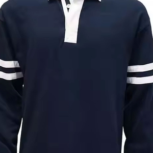 Camisa de rugby de manga larga azul marino para hombre con cuello blanco y rayas, cierre de botones, jersey deportivo de corte regular - Product Image 5
