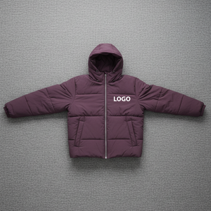 <b>Men's</b> Purple Hooded Puffer <b>Jacket</b> With Custom Logo Windproof Winter Coat Casual Thick Polyester Filling Zipper Front Embroidery - Product Image 5