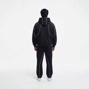 Ensemble de survêtement homme personnalisé ultra-lourd style streetwear avec passepoil contrastant, coupe ample, sweat à capuche et pantalon de jogging assorti - Product Image 2