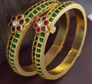 Exquisite Premium Quality Gold Plated Antique Jadau <b>Bangles</b> Set Of Two for Wedding Engagement Anniversary Party Gift Wear - Product Image 2