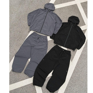 <b>Men's</b> Black Hooded <b>Jacket</b> Pants Set Solid Color Casual Quick Dry Polyester Streetwear Two Piece Outfit Autumn Wear Customized - Product Image 2