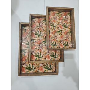 Ensemble de plateaux de service rectangulaires effet bois rustique avec imprimé fleurs de cerisier, plateaux décoratifs pour le thé, le café et le petit-déjeuner - Product Image 3