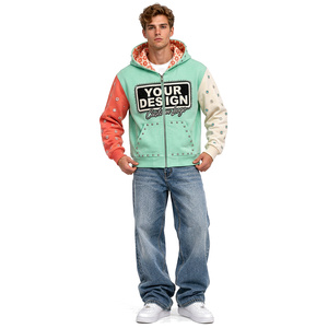 Sudadera con capucha y cremallera para hombre, diseño colorblock, estilo desgastado, algodón grueso, bordada, ropa casual de moda urbana - Product Image 2