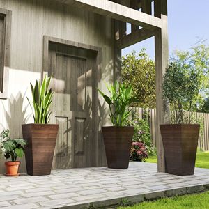 Ensemble de 3 jardinières hautes d'extérieur en plastique imitation bois brun, pots à fleurs de 28 pouces avec trous de drainage - Product Image 2