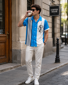 Modern Blue <b>White</b> Panel Pattern <b>Short</b> <b>Sleeve</b> <b>Shirt</b> with Minimal Graphic Detail and Streetwear Fashion Look - Product Image 6